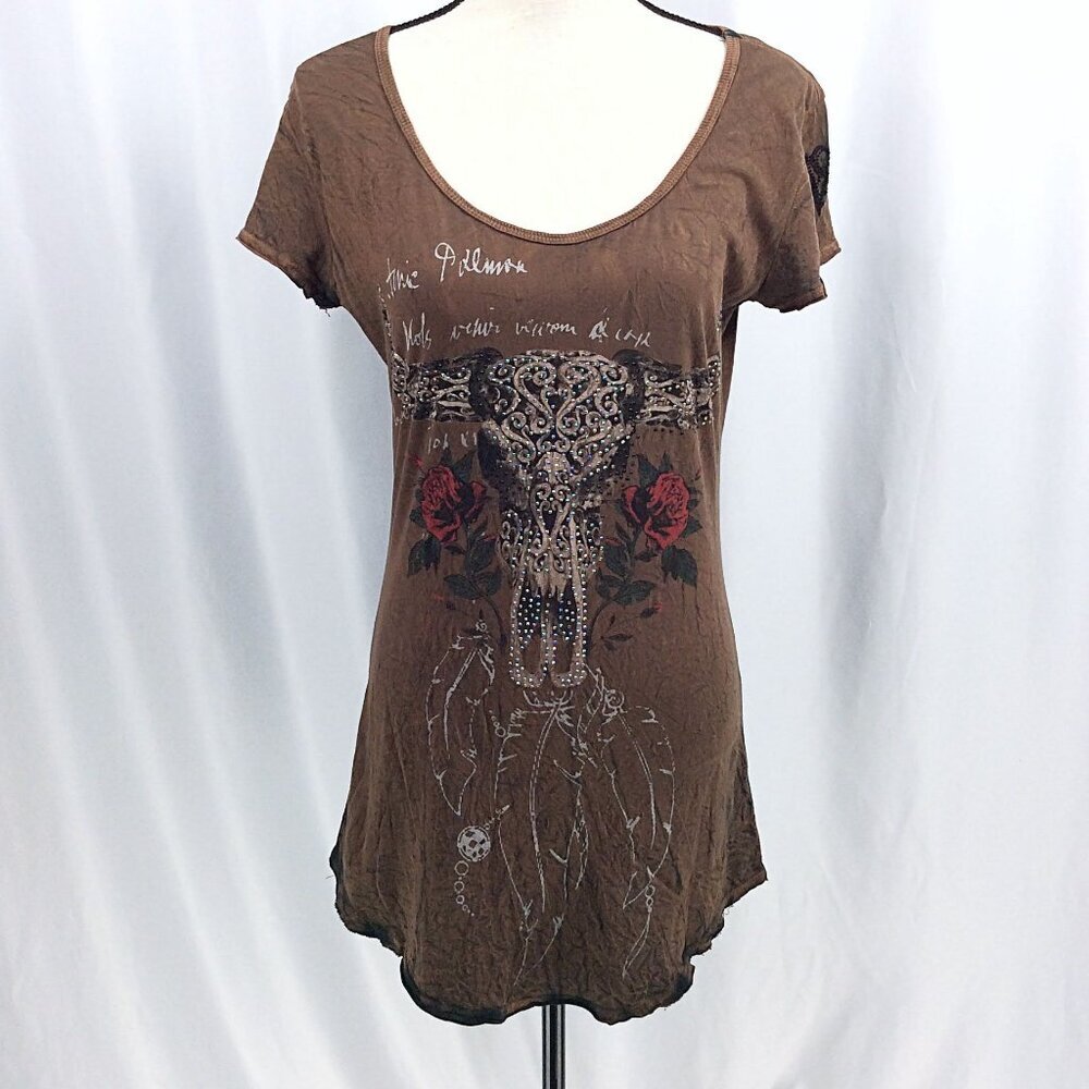 Velvet Stone Tunic Top Mini Dress Womens Large Cow Skull Rhinestone Studded